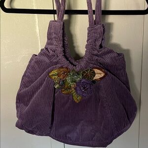 Purple Corduroy Women's Bag with Floral Embroidery
